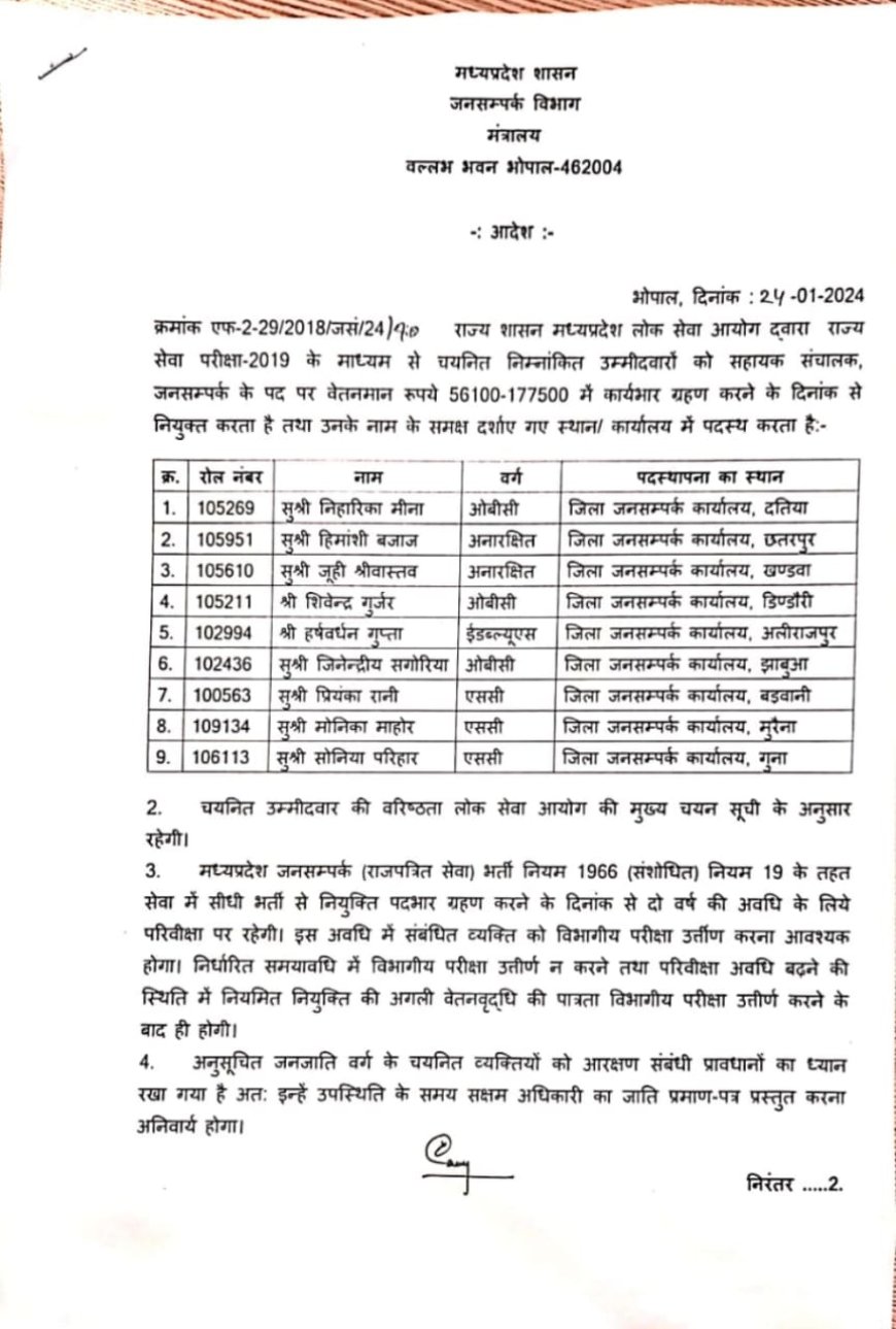 जनसंपर्क विभाग में नियुक्तियां राज्य शासन ने पीएससी से चयनित 9 अभ्यर्थियों को बनाया सहायक संचालक