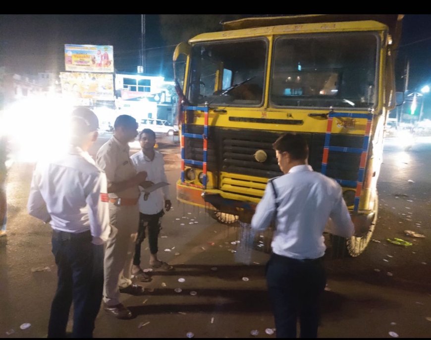 पुलिस अधीक्षक के निर्देशन में नो एंट्री क्षेत्र में प्रवेश करने वाले डंपर पर चालानी कार्रवाई