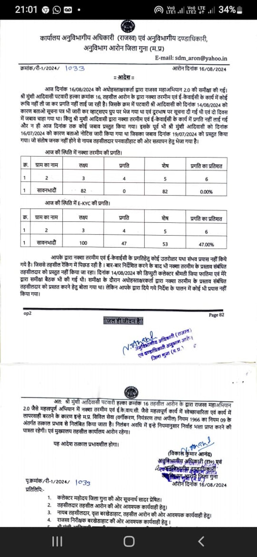 नक्शा तरमीम एवं ई-केवाईसी कार्यों में लापरवाही बरतने के कारण पटवारी निलंबित