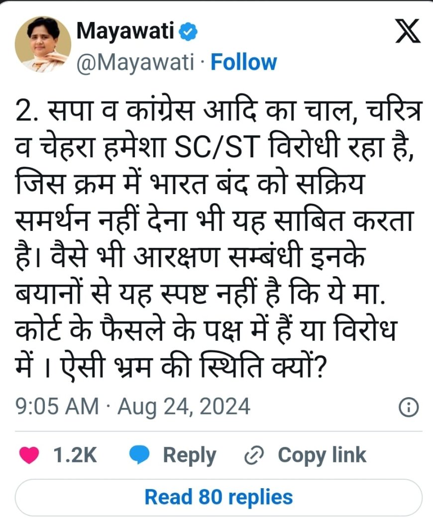 ‘कांग्रेस और सपा का चाल, चरित्र, चेहरा हमेशा से रहा है SC-ST विरोधी’ आरक्षण मुद्दे पर बोलीं मायावती